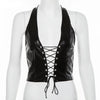 Lace Up Black PU Leather Crop Top - Festigal