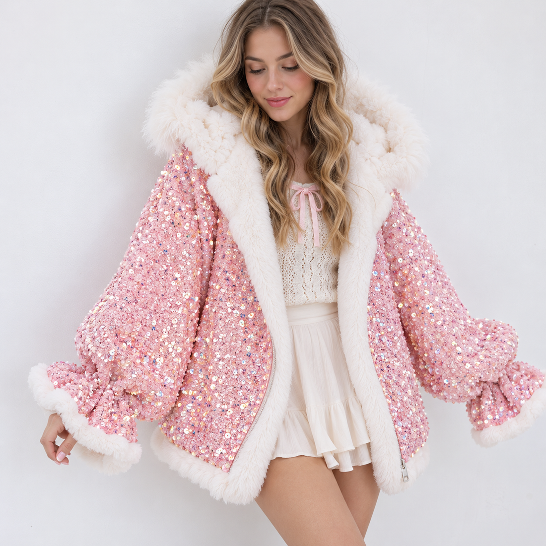 Sequin Ruched Fur Jacket