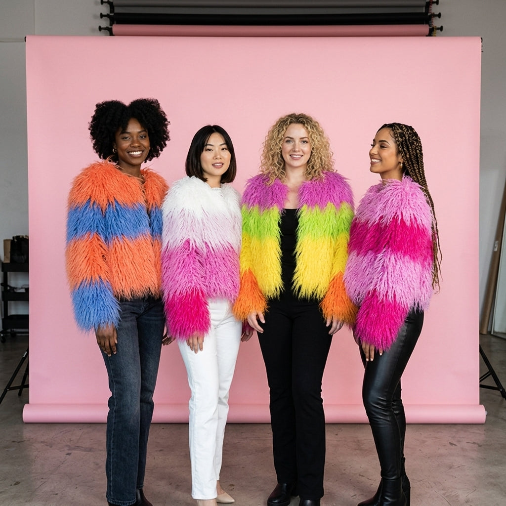 Rainbow Striped Shaggy Faux Fur Coat