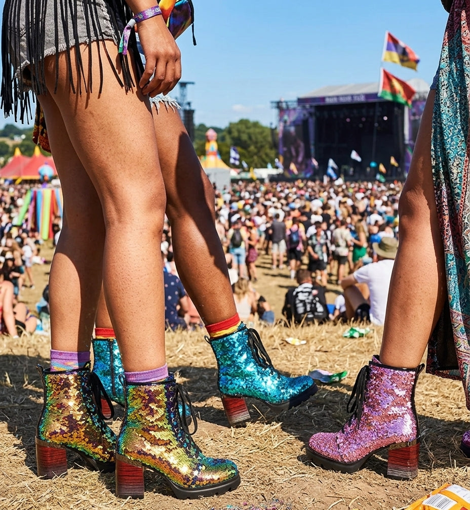 Sequin Heeled Combat Boots