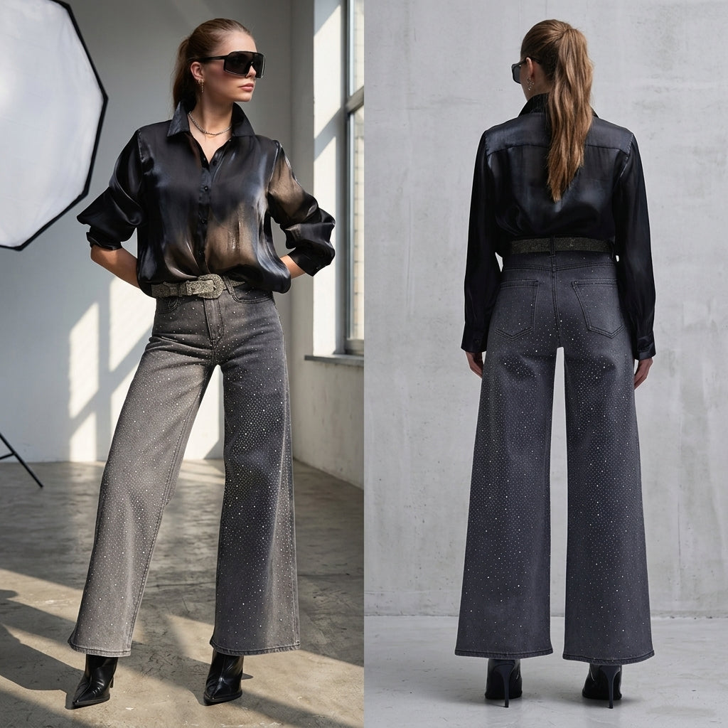 Black Rhinestone Wide Leg Jeans