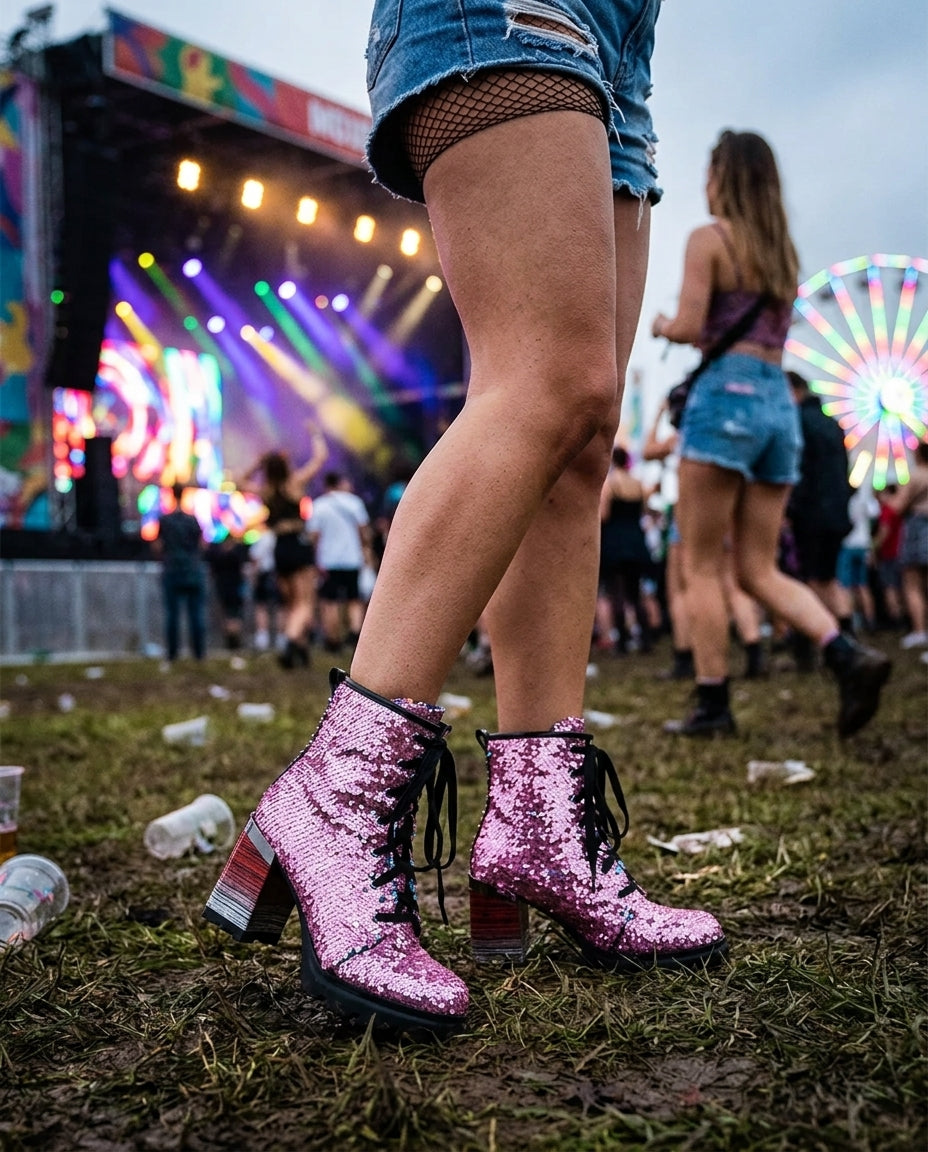 Sequin Heeled Combat Boots