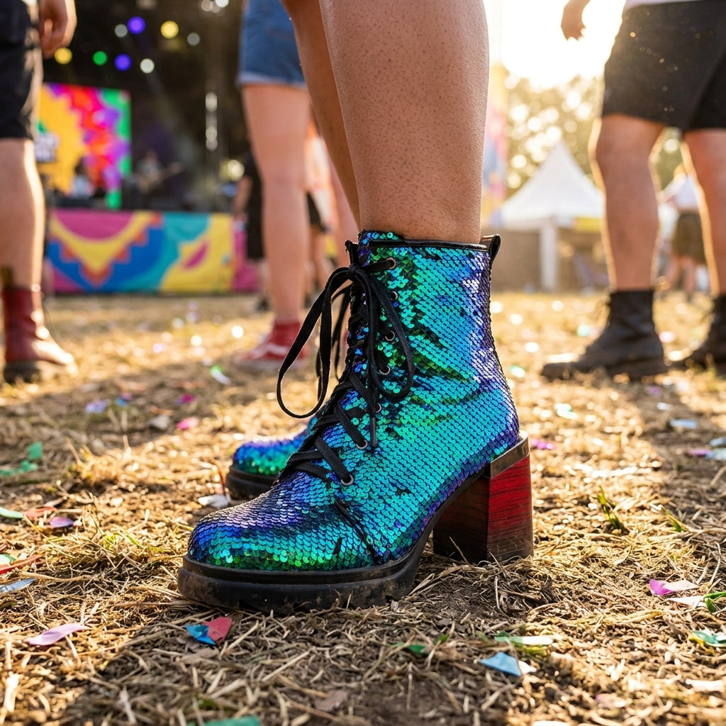Sequin Heeled Combat Boots
