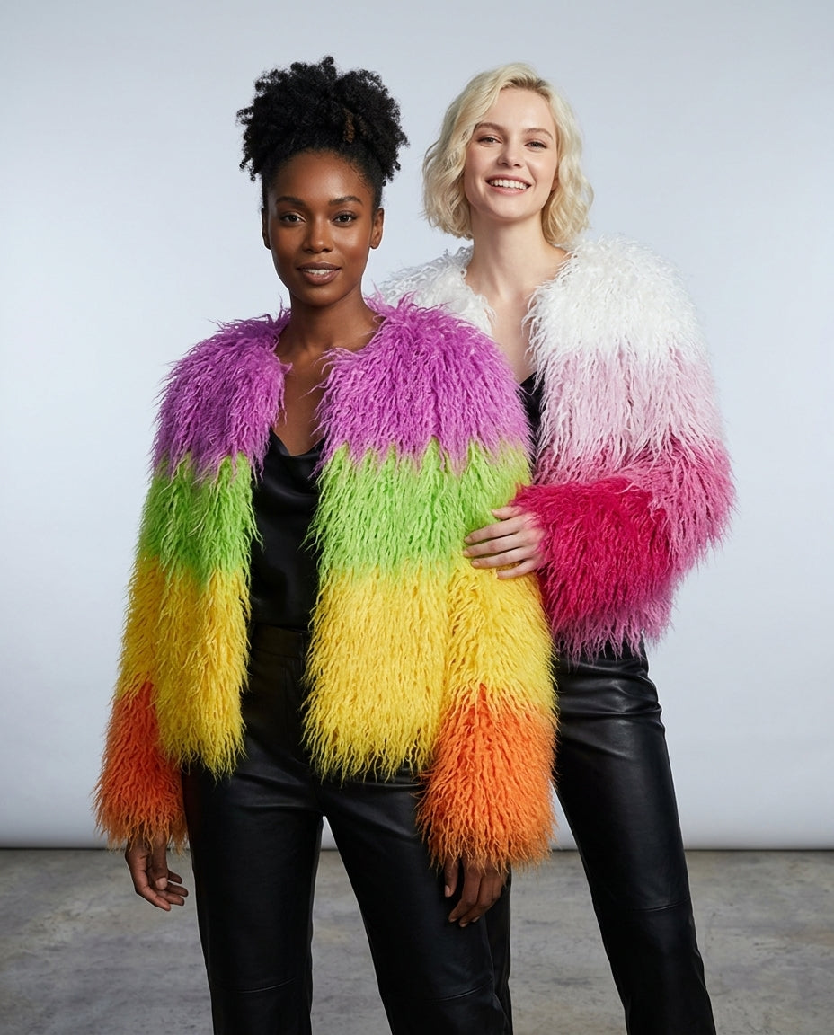 Rainbow Striped Shaggy Faux Fur Coat