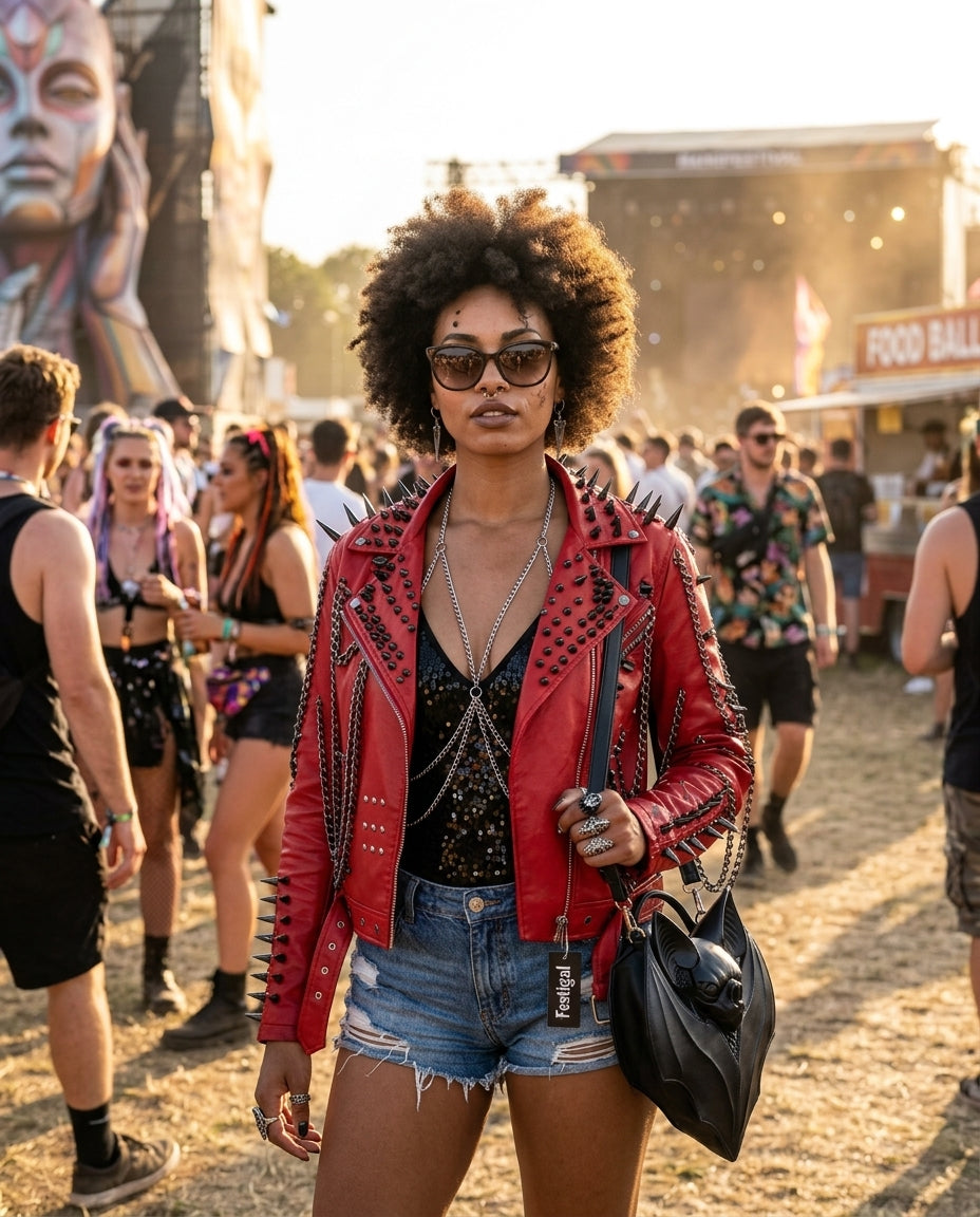 Red Faux Leather Spiked Jacket