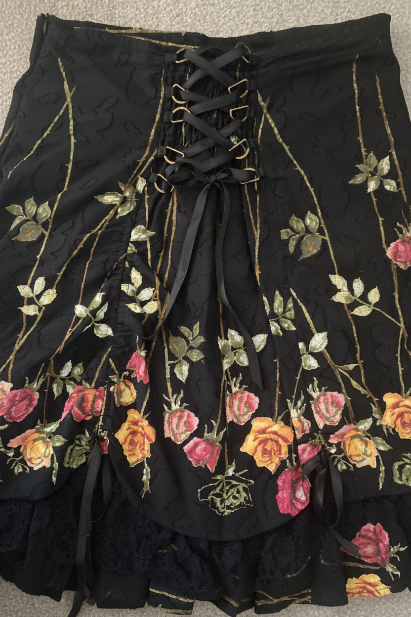 Black Floral Tie-Up Midi Skirt 🖤✨