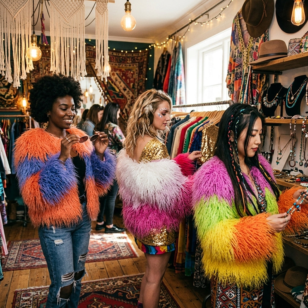 Rainbow Striped Shaggy Faux Fur Coat