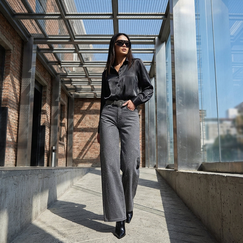 Black Rhinestone Wide Leg Jeans