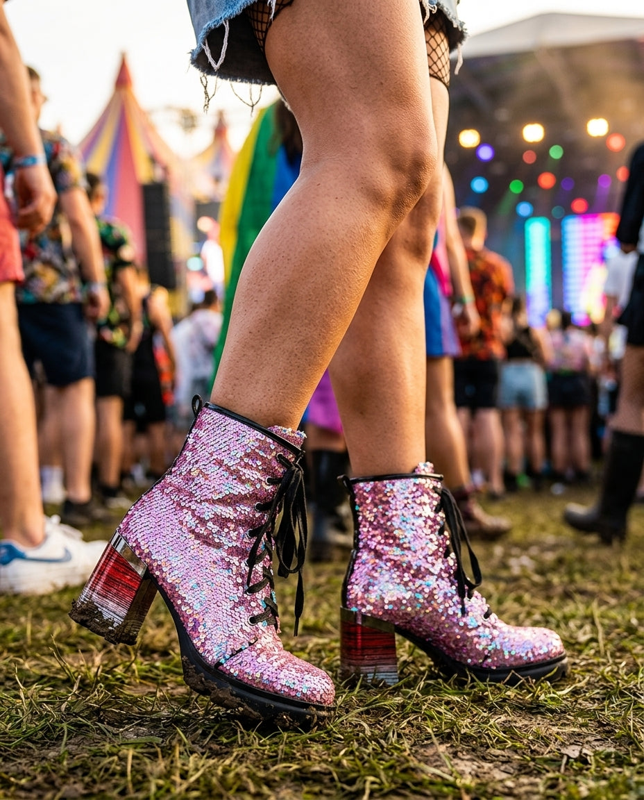 Sequin Heeled Combat Boots