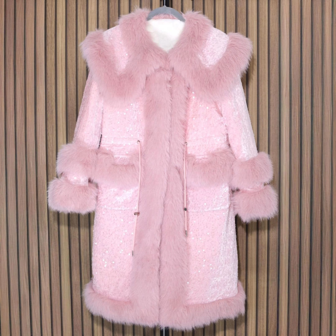 Faux Fur Sequin Longline Coat
