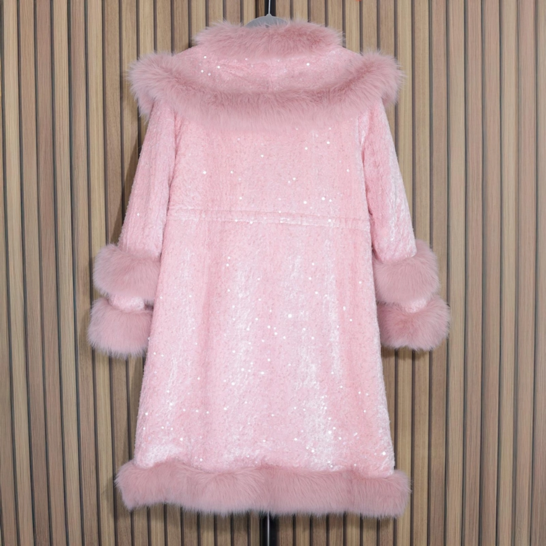 Faux Fur Sequin Longline Coat
