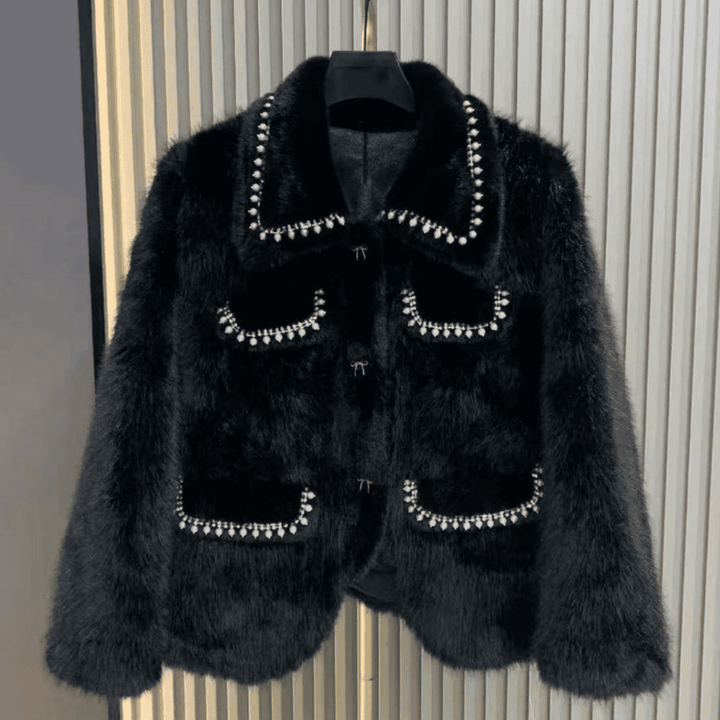 Black Faux Fur Pearl Embellished Jacket - Festigal