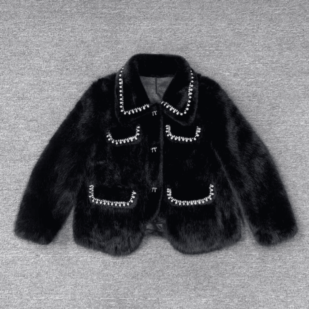 Black Faux Fur Pearl Embellished Jacket - Festigal