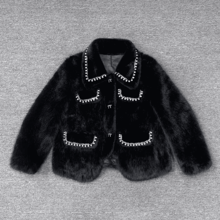 Black Faux Fur Pearl Embellished Jacket - Festigal
