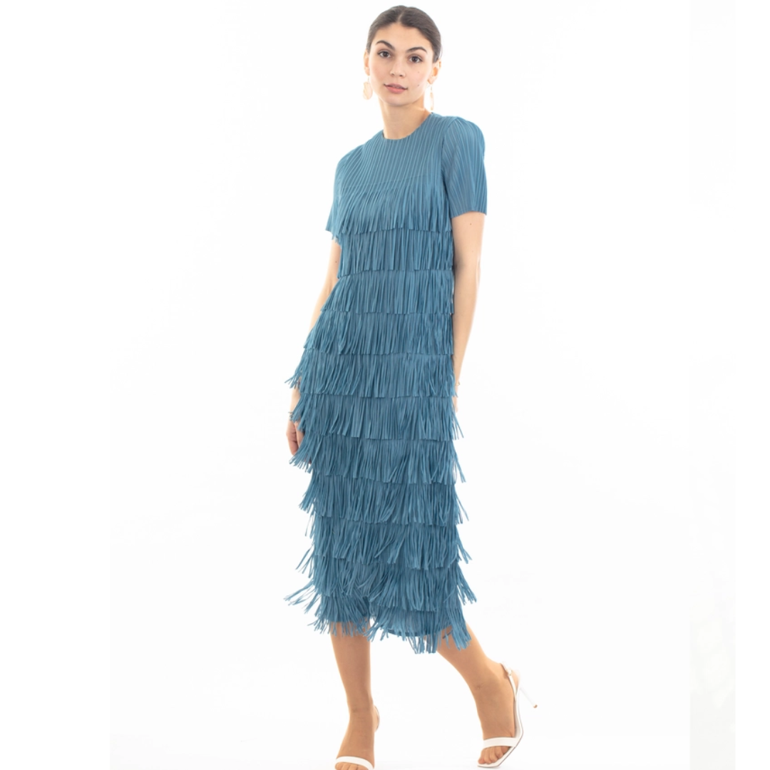 Multi Layer Fringed Tassel Pleated Midi Dress