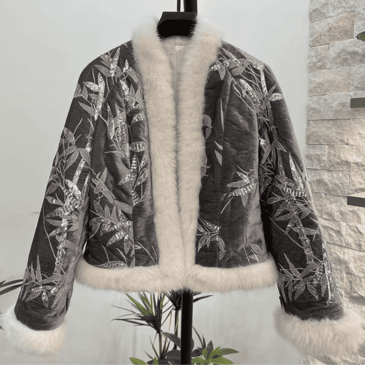Velvet Embroidered Fur Trim Jacket