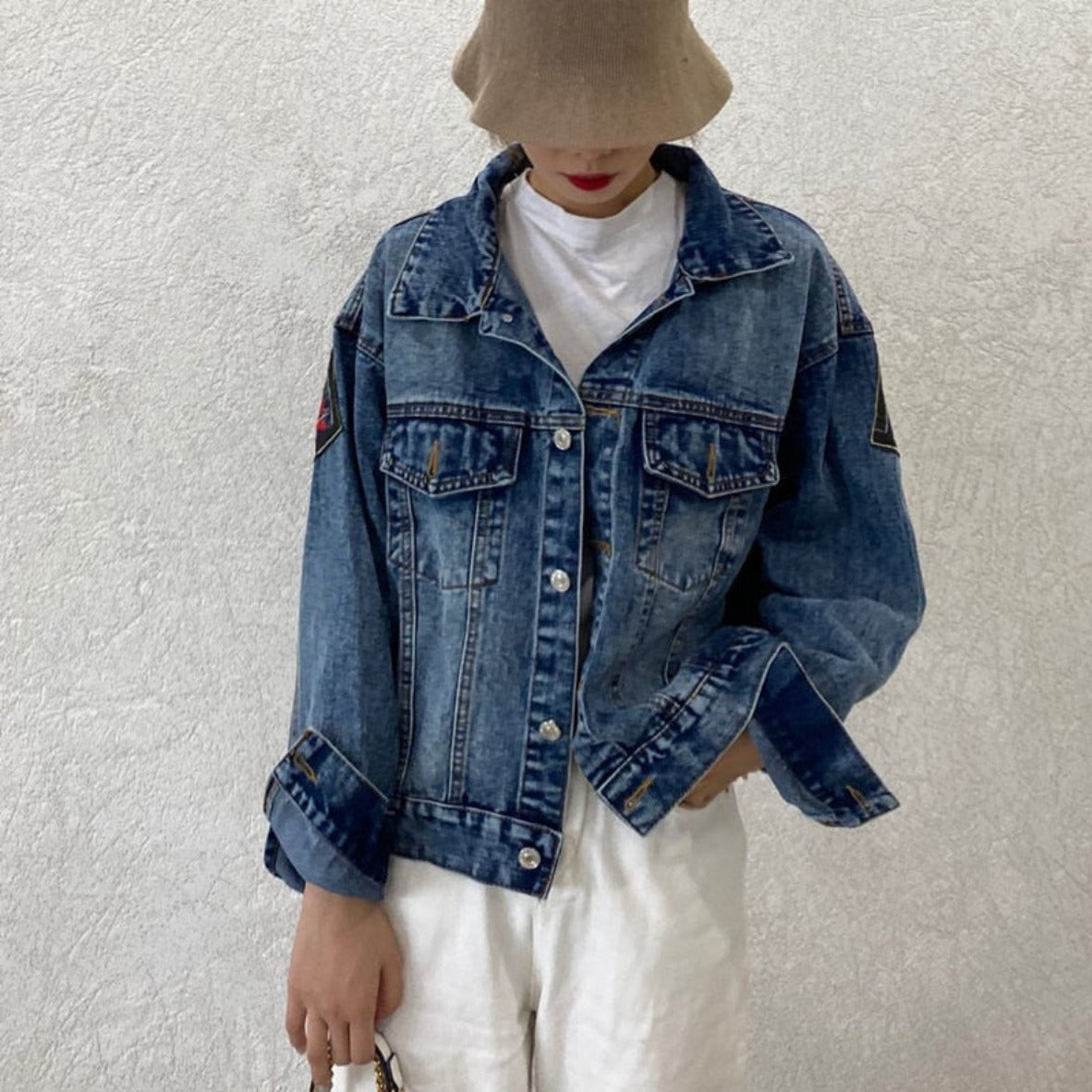 Embroided Oversized Light Blue Denim Jacket - Festigal