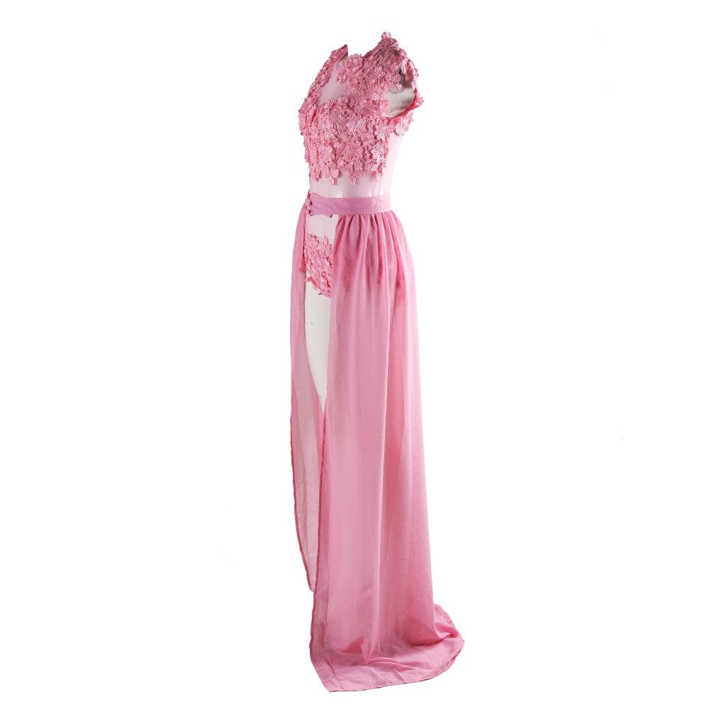 Pink Mesh Lace Maxi Dress - Festigal