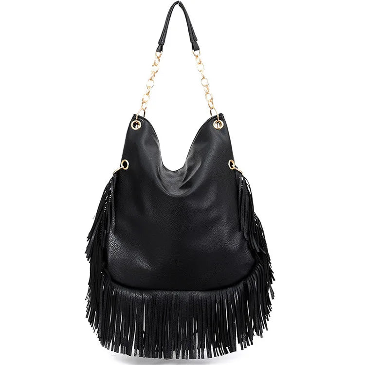 Black Studded Tassel Shoulder Bag - Festigal
