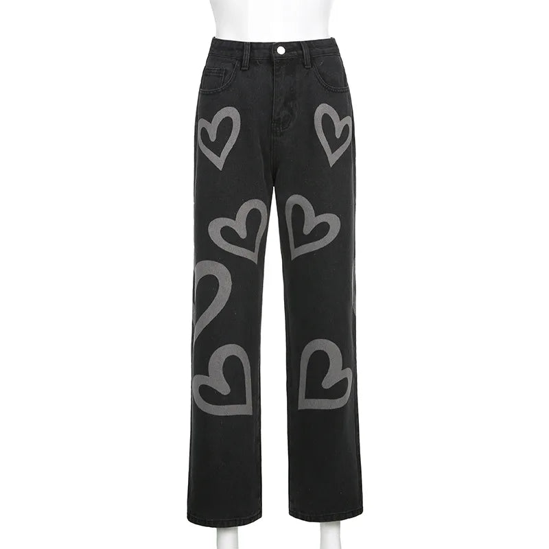 Vintage Heart Printed Wide Legged Jeans - Festigal