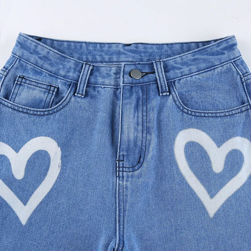 Vintage Heart Printed Wide Legged Jeans - Festigal