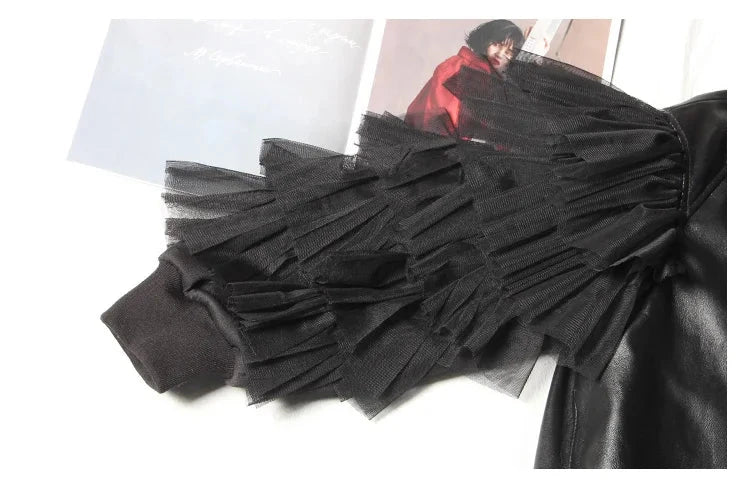 Faux Leather Ruffle Sleeve Jacket - Festigal