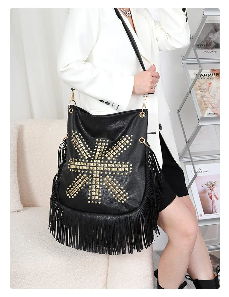 Black Studded Tassel Shoulder Bag - Festigal