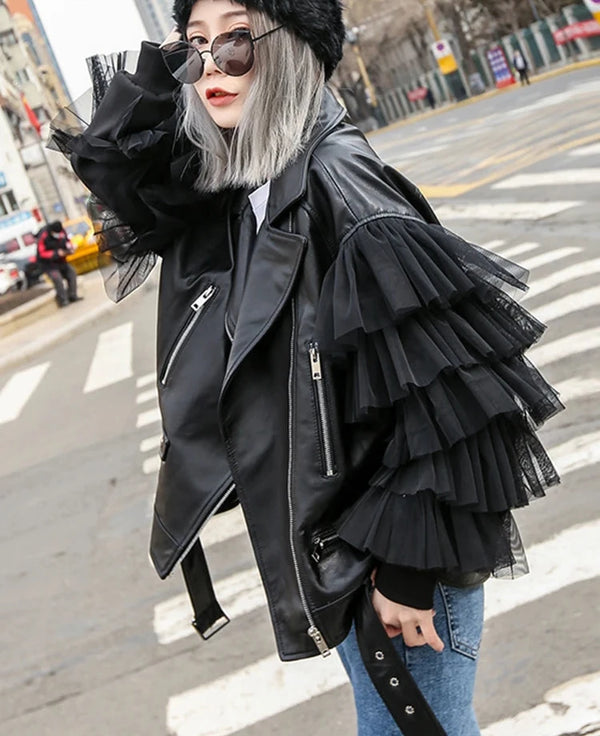 Faux Leather Ruffle Sleeve Jacket - Festigal
