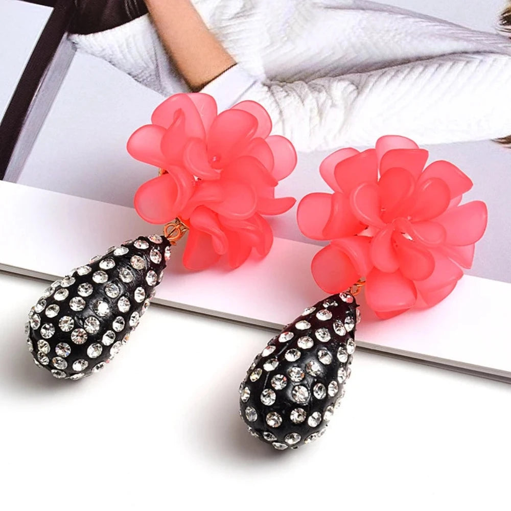 Statement Flower & Rhinestone Waterdrop Earrings - Festigal