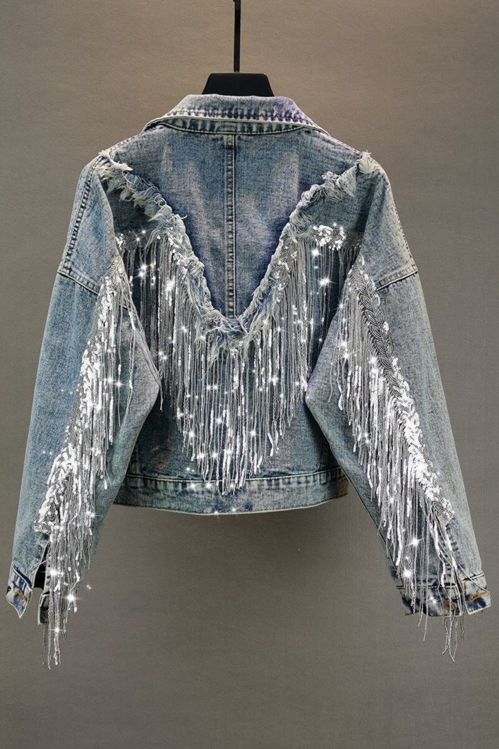 Sequined Fringed Short Style Denim Jacket - Festigal