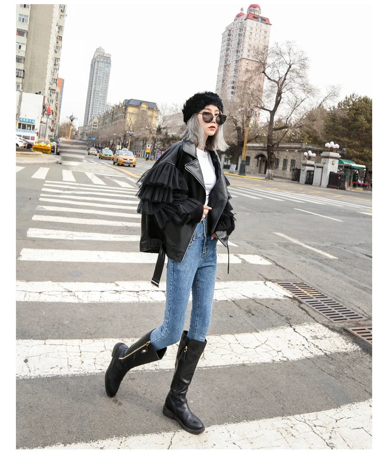 Faux Leather Ruffle Sleeve Jacket - Festigal