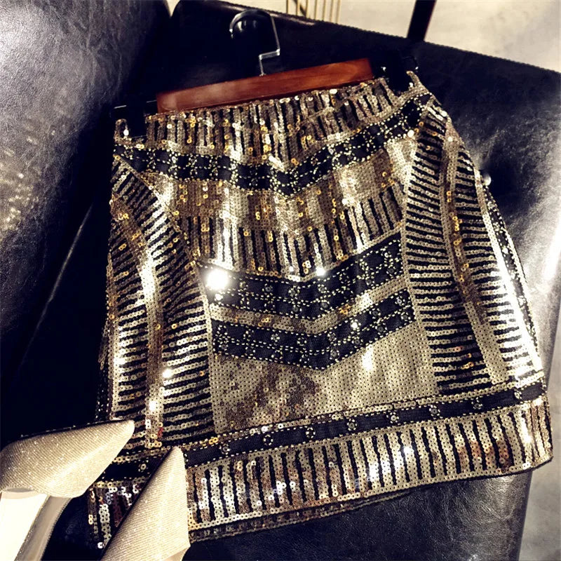Black & Gold Sequin High Waist Skirt - Festigal