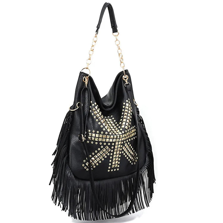 Black Studded Tassel Shoulder Bag - Festigal