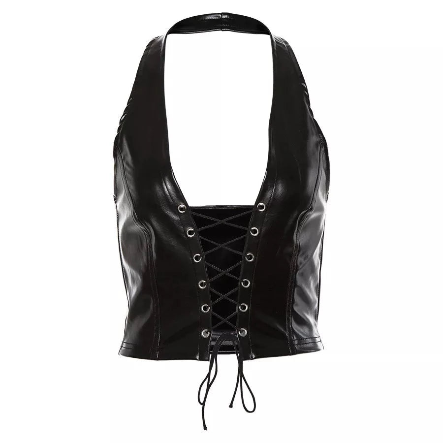 Lace Up Black PU Leather Crop Top - Festigal