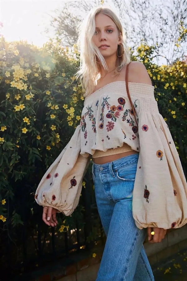 Boho Lantern Sleeved Embroidered Blouse - Festigal