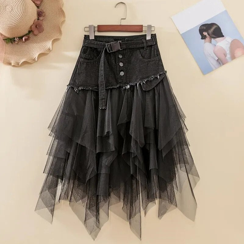 Asymmetrical Denim Jeans Tulle Skirt - Festigal
