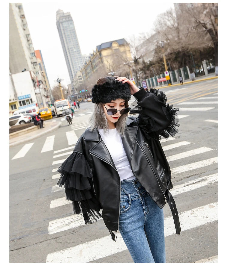 Faux Leather Ruffle Sleeve Jacket - Festigal