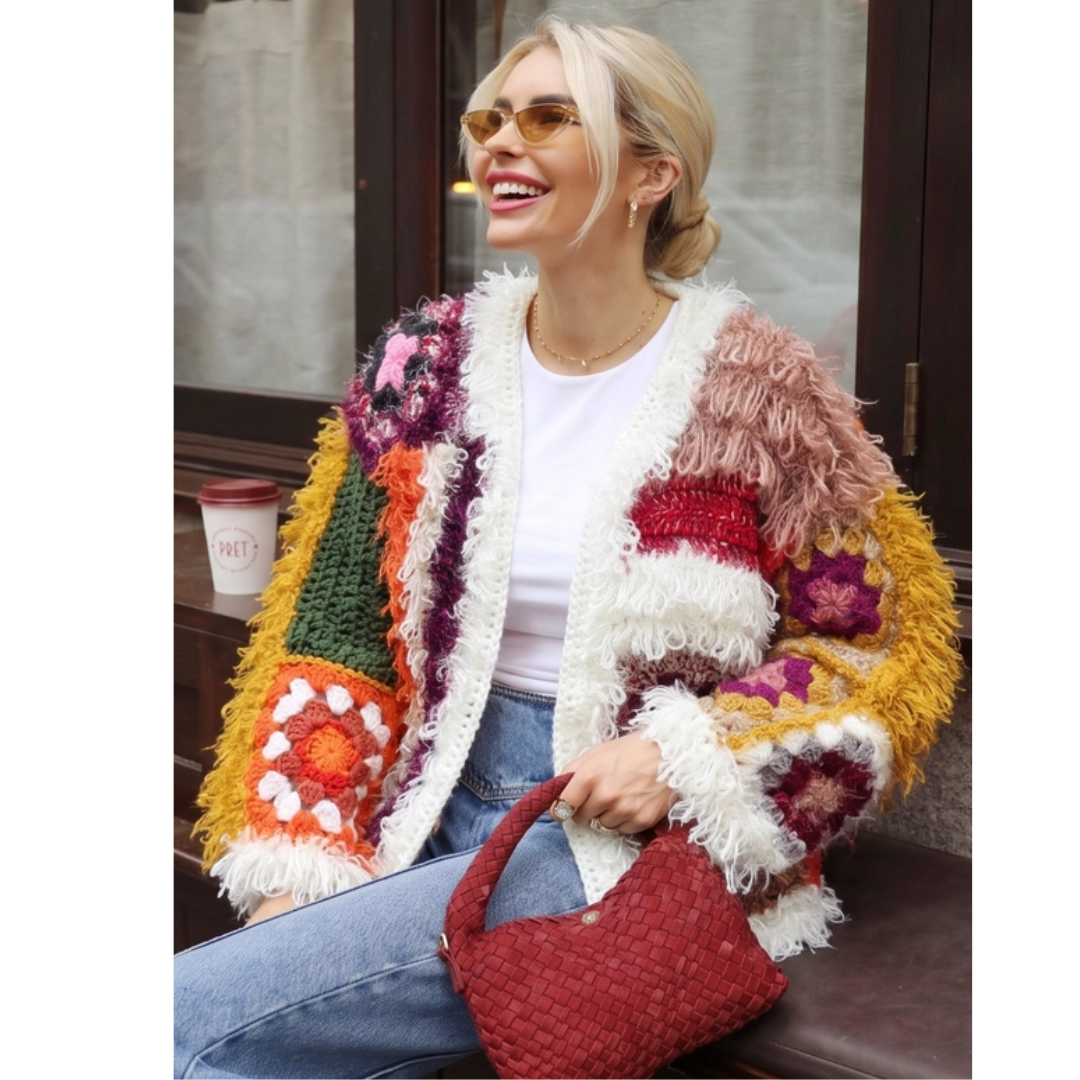 Hand Crochet Floral Patchwork Shaggy Statement Cardigan
