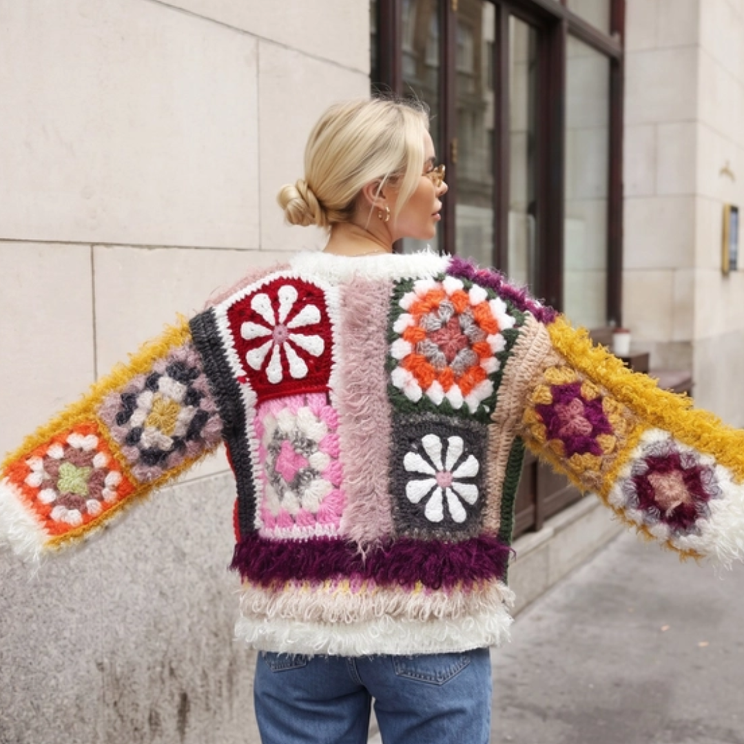 Hand Crochet Floral Patchwork Shaggy Statement Cardigan
