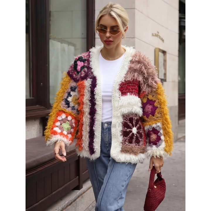 Hand Crochet Floral Patchwork Shaggy Statement Cardigan