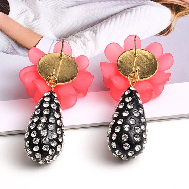 Statement Flower & Rhinestone Waterdrop Earrings - Festigal