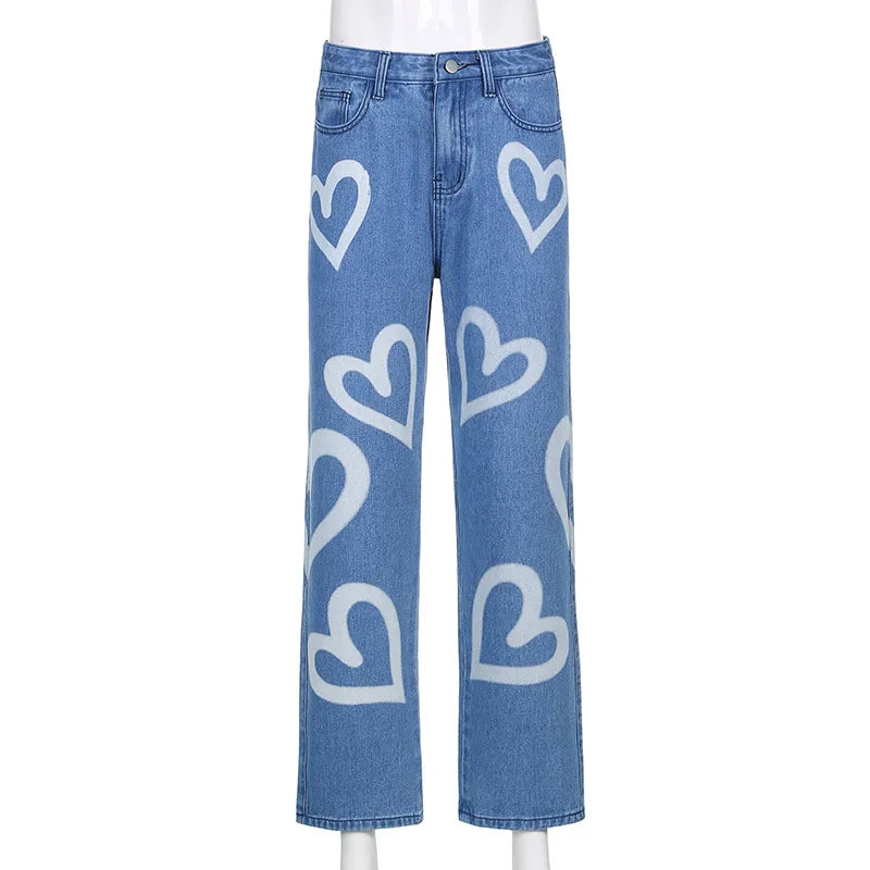 Vintage Heart Printed Wide Legged Jeans - Festigal
