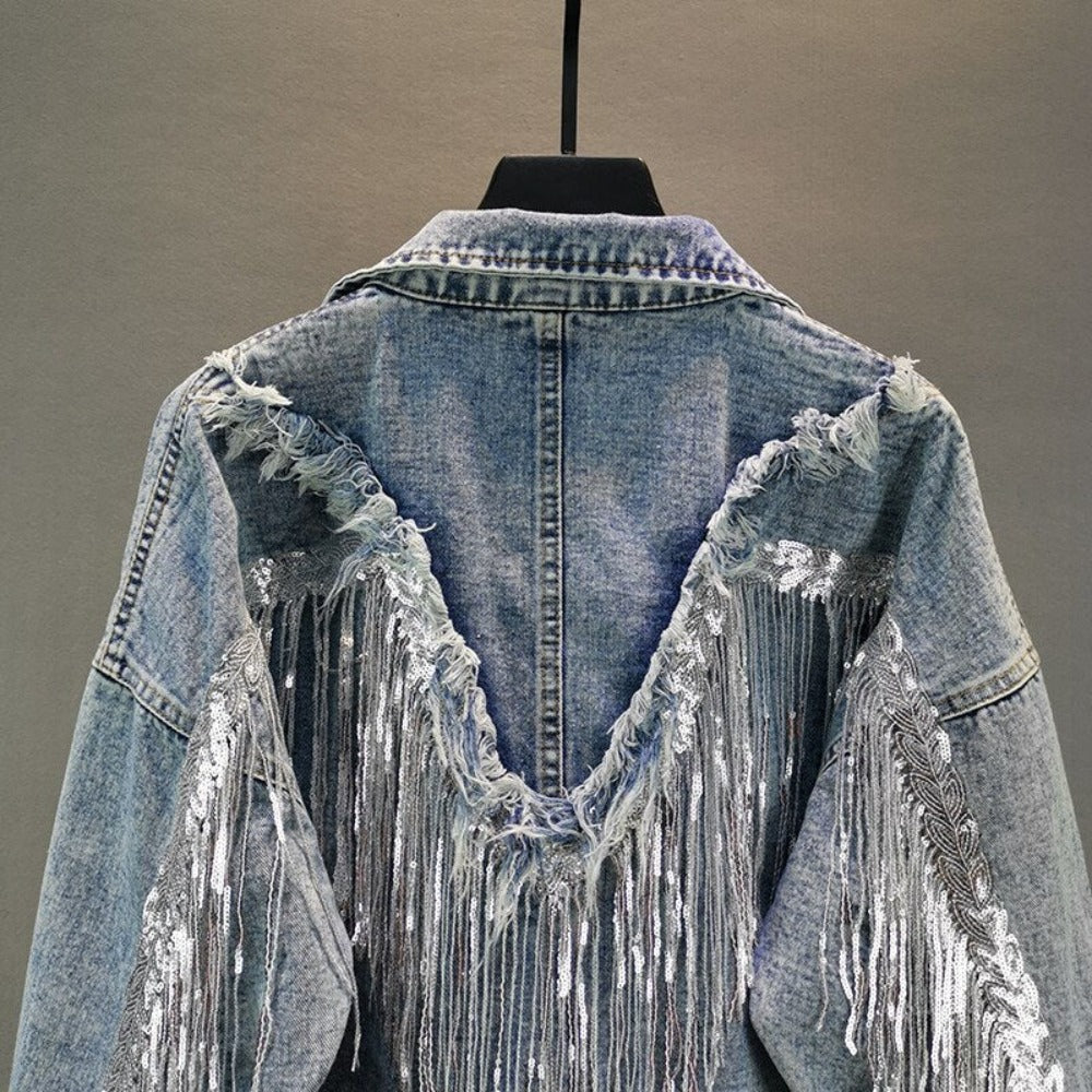 Sequined Fringed Short Style Denim Jacket - Festigal