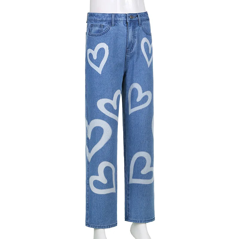 Vintage Heart Printed Wide Legged Jeans - Festigal