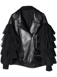 Faux Leather Ruffle Sleeve Jacket - Festigal