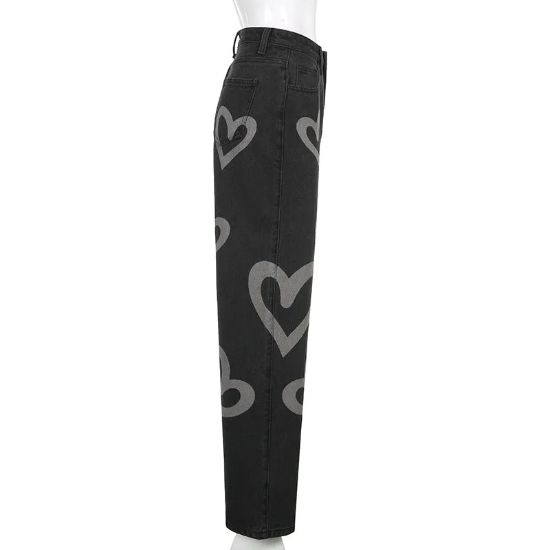 Vintage Heart Printed Wide Legged Jeans - Festigal