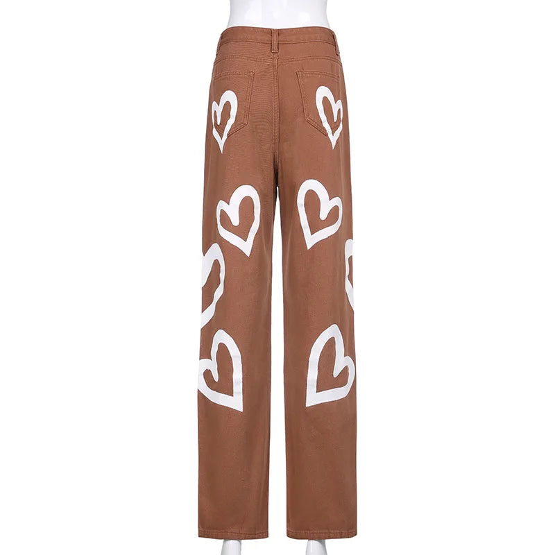 Vintage Heart Printed Wide Legged Jeans - Festigal