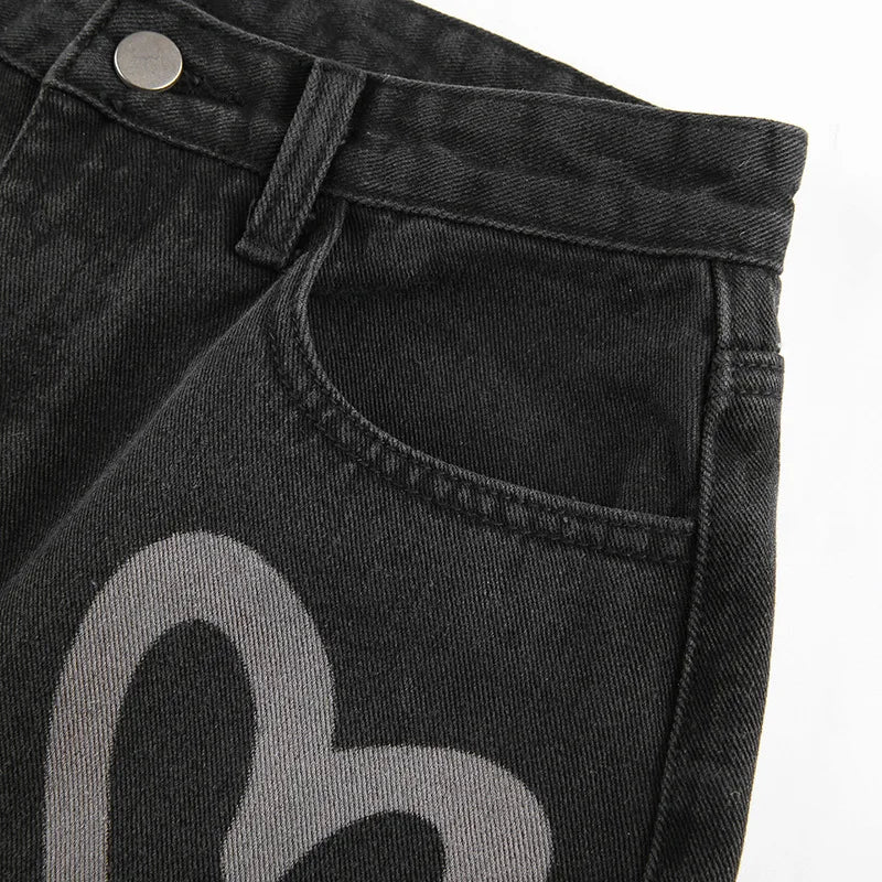 Vintage Heart Printed Wide Legged Jeans - Festigal