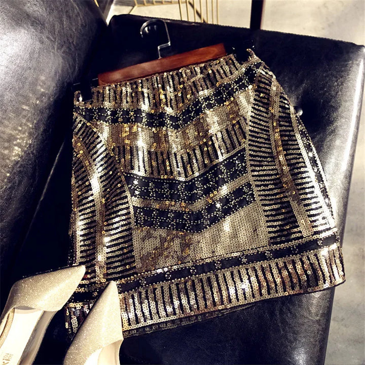 Black & Gold Sequin High Waist Skirt - Festigal