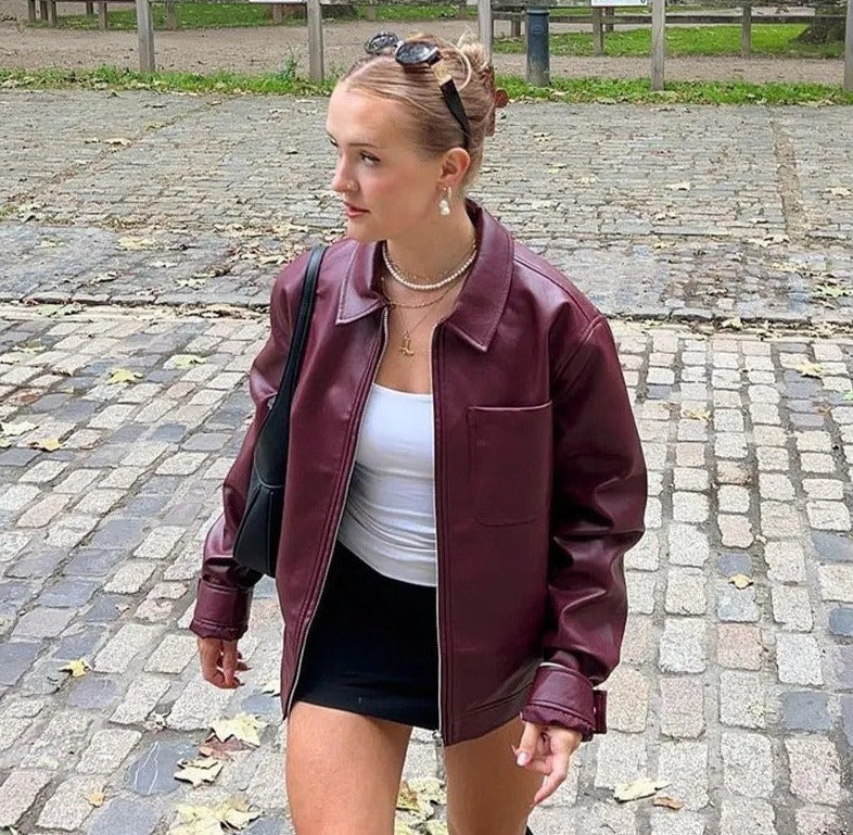 Burgundy Imitation Leather Loose Jacket - Festigal
